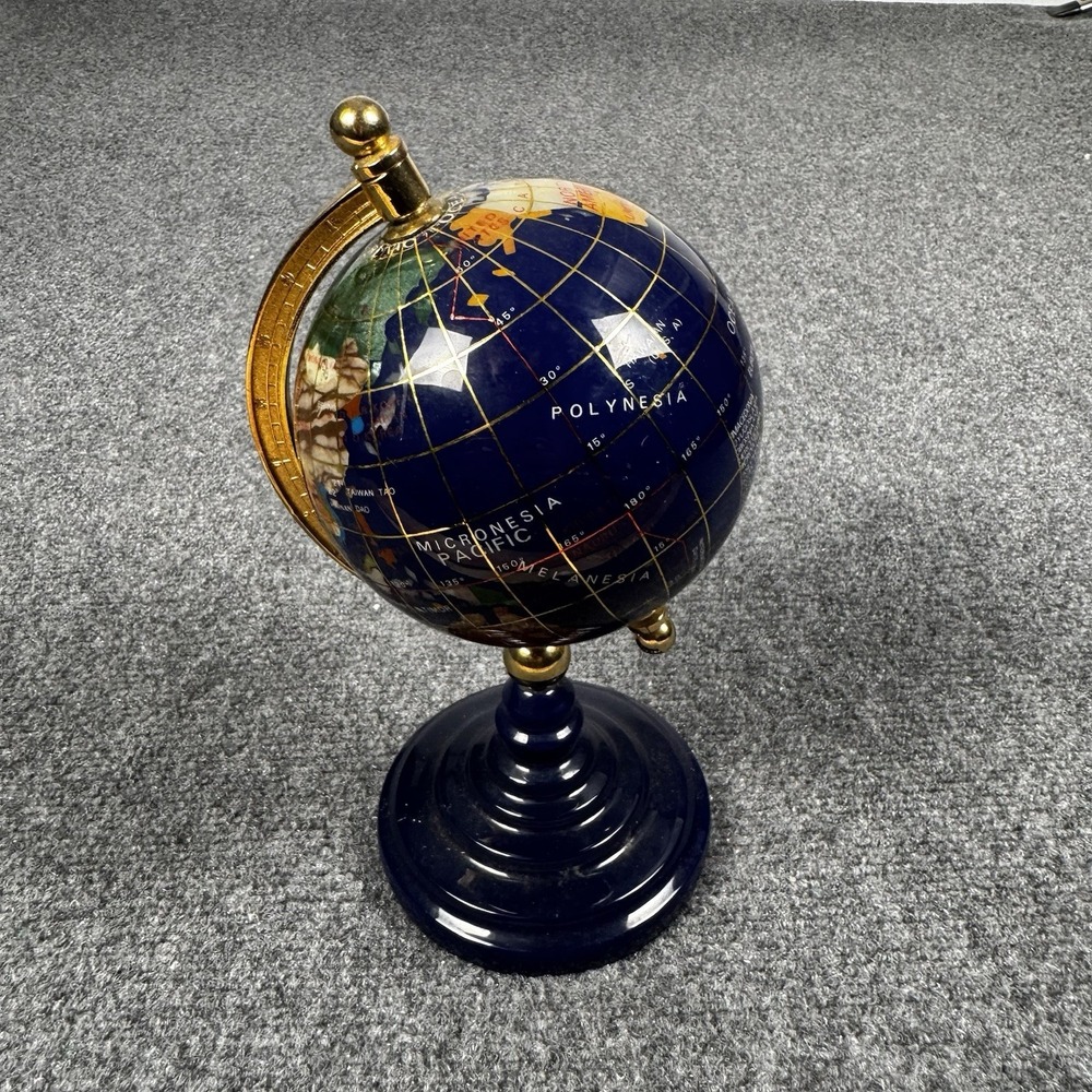 Vintage Blue Lapis Gemstone World Globe Brass Gold Stand